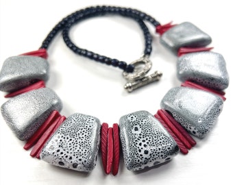 Bib Necklace in Crimson Red and Gray and Black