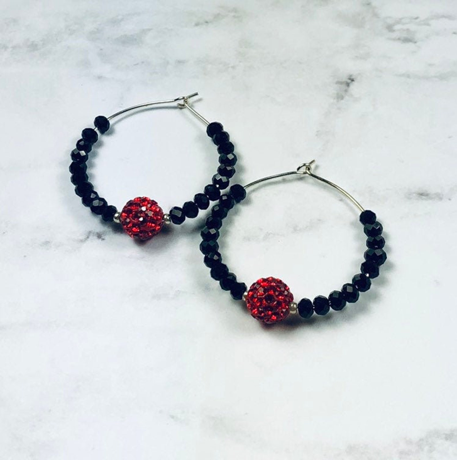 Red and Black Crystal Ball Hoop Earrings Etsy