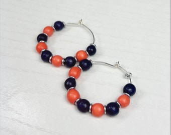 Orange and Navy Blue Wooden Bead Game Day Hoop Earrings