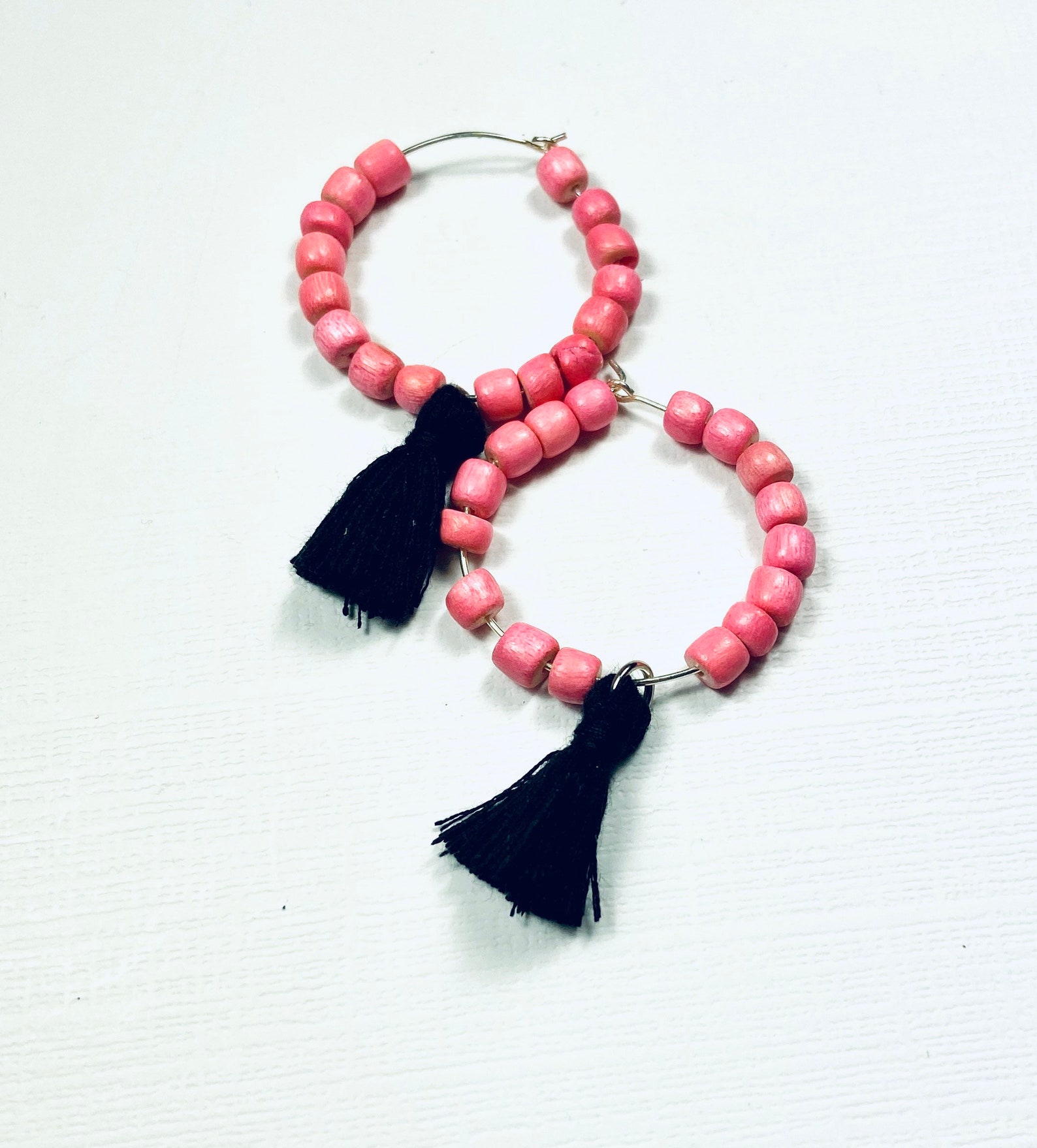 Light Pink and Black Boho Game Day Tassel Hoop Earrings - Etsy
