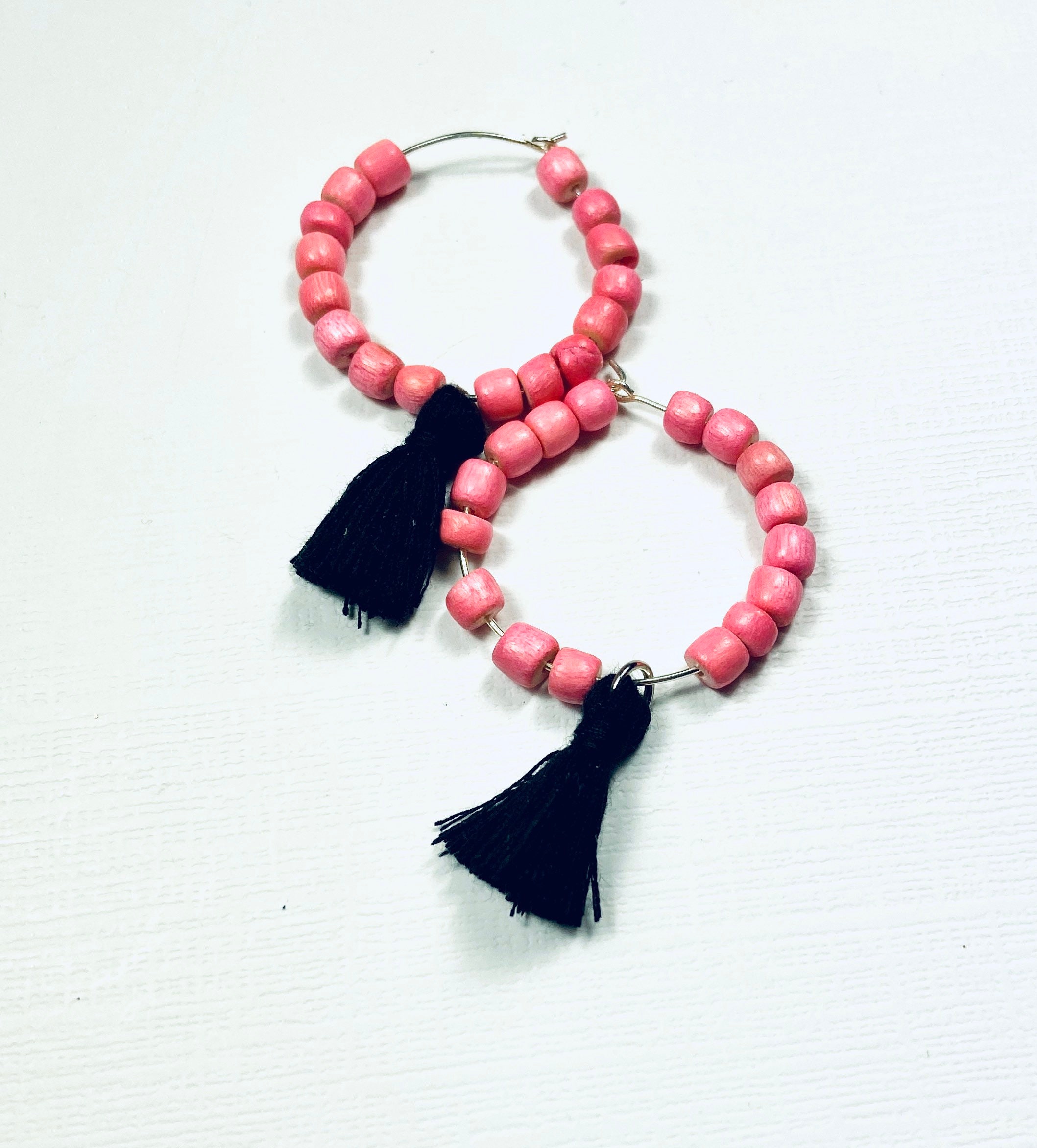 Light Pink and Black Boho Game Day Tassel Hoop Earrings - Etsy