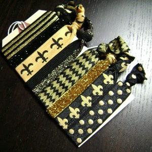 Black and Gold Fleur de Lis, Stripe, Glitter, Polka Dot Hair Tie Set ... 8 ct. image 1