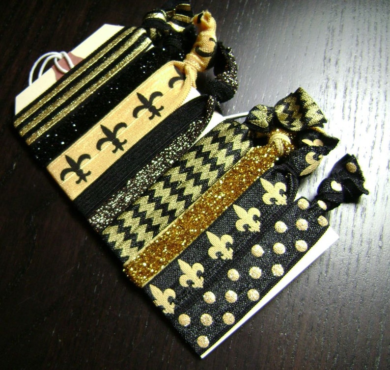 Black and Gold Fleur de Lis, Stripe, Glitter, Polka Dot Hair Tie Set ... 8 ct. image 1