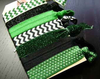 Green and Black Chevron Glitter Polka Dot  Hair Ties ... 7 ct.