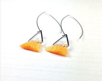 Orange and Silver Triangle Tassel on Arc Wire Earrings