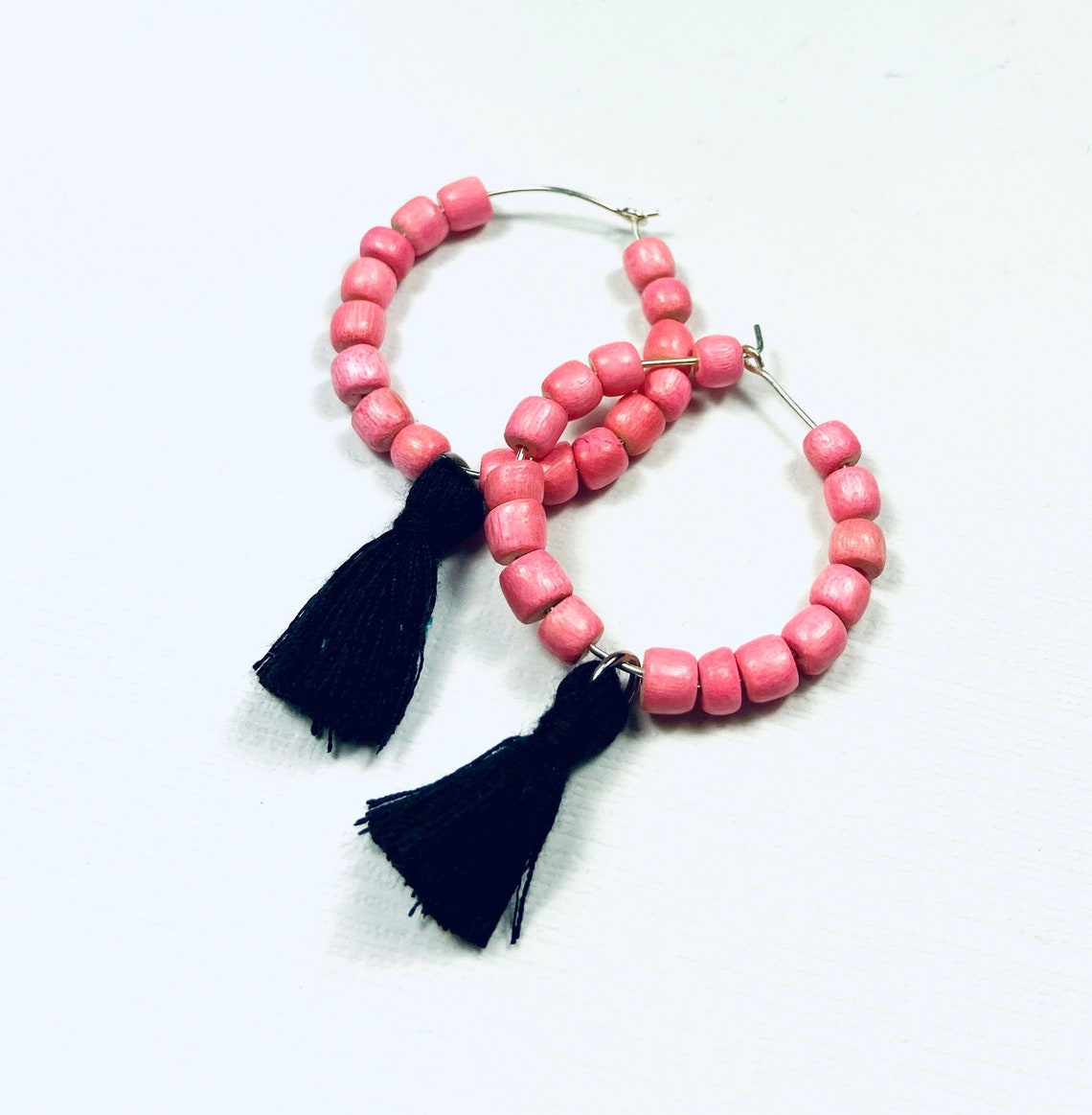 Light Pink and Black Boho Game Day Tassel Hoop Earrings - Etsy