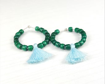 Boho Game Day Tassel Hoop Earrings in Light Blue and Dark Green