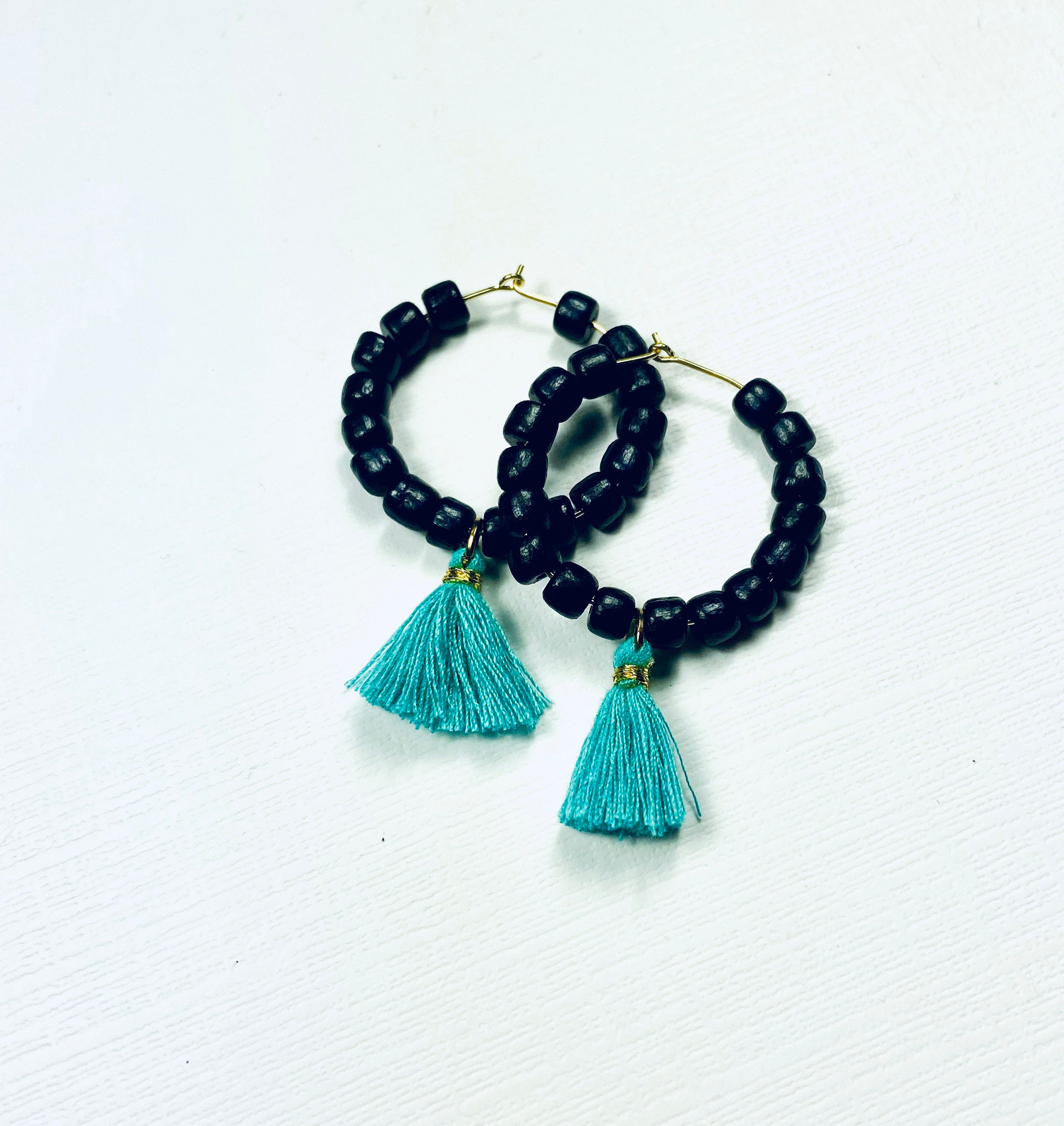 Teal and Black Boho Game Day Tassel Hoop Earrings - Etsy