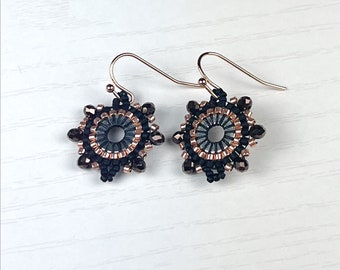 Black and Rose Gold Beaded Sunburst Earrings