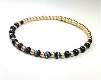 Black and Gold Striped Acrylic and Wooden Bead Choker Necklace