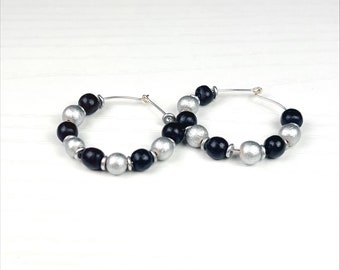 Black and Silver Wooden Bead Game Day Hoop Earrings