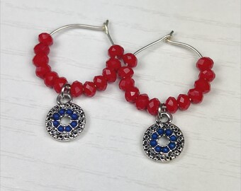 Red and Royal Blue Jeweled Disc and Crystal Mini Hoops