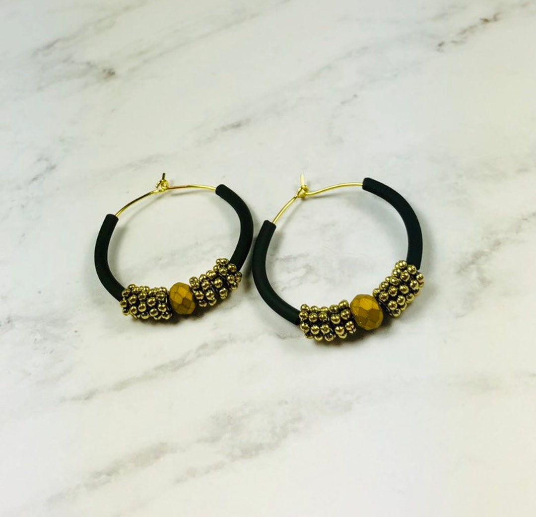 Black and Gold Color Wash Crystal Game Day Hoop Earrings - Etsy