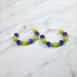 Mardi Gras Crystal Beaded Large Gold Plated Hoops in Purple Green and Yellow