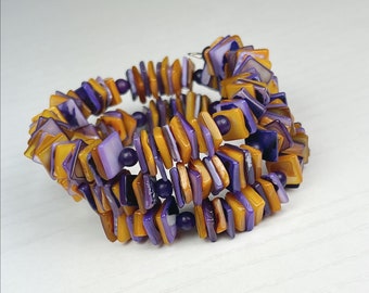 Purple and Golden Yellow Mother of Pearl Chip Adjustable Coil Bracelet