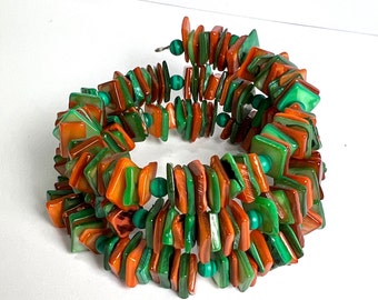 Orange and Green Mother of Pearl Chip Adjustable Coil Bracelet