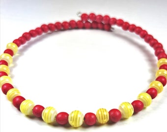 Red and Golden Yellow Striped Acrylic and Wooden Bead Choker Necklace