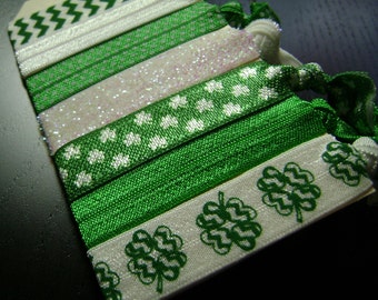 Shamrock Chevron  Glitter Green and White Hair Ties ... 7 ct.