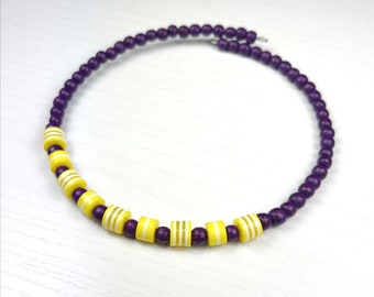 Purple and Golden Yellow Striped Acrylic and Wooden Bead Choker Necklace