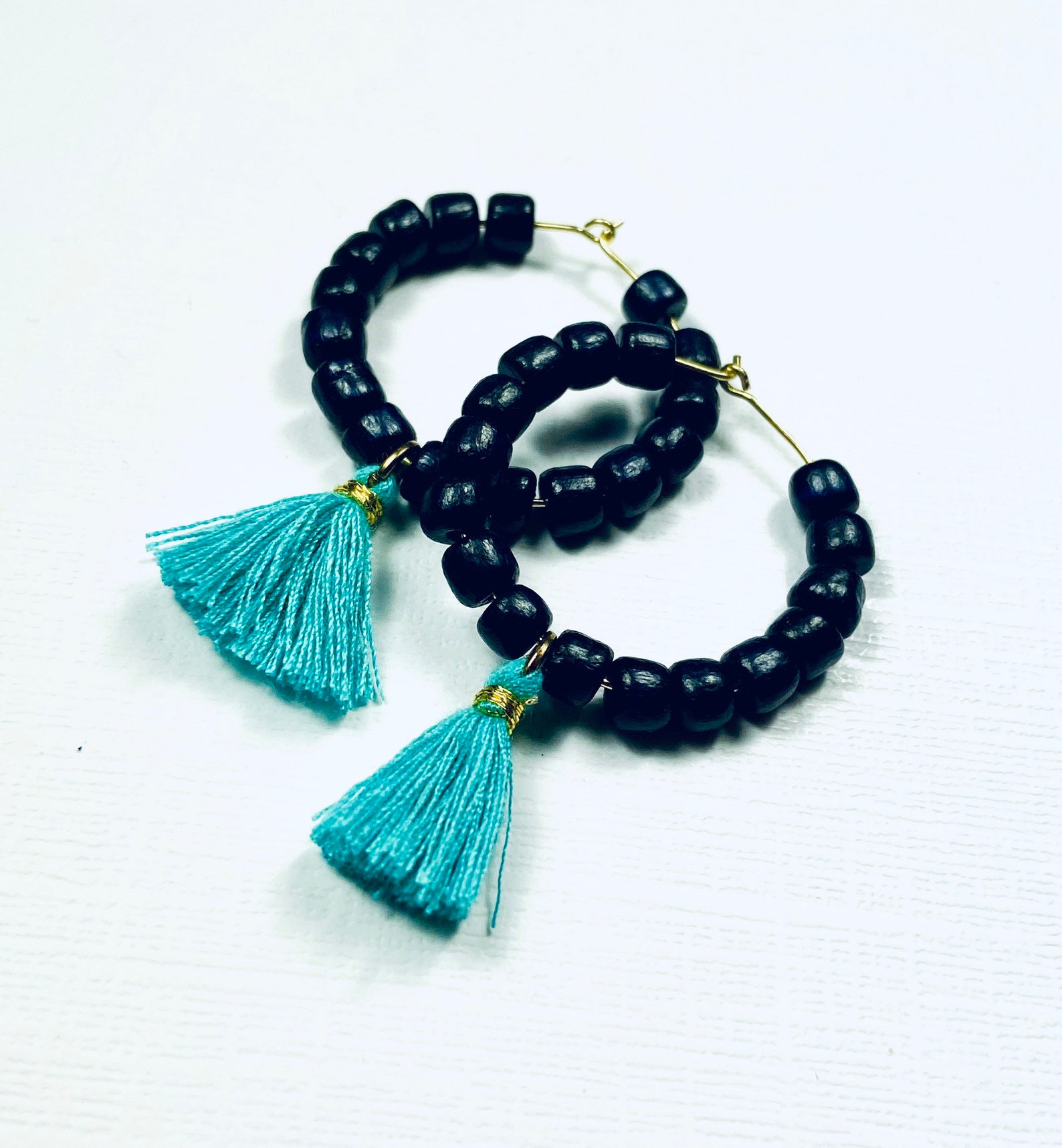 Teal and Black Boho Game Day Tassel Hoop Earrings - Etsy