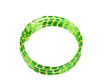 Subtle Stripe Glass Bead Coil Bracelet in Yellow and Green