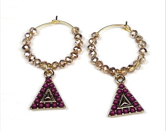 Maroon and Gold Triangle Beaded Dangle and Crystal Mini Hoops