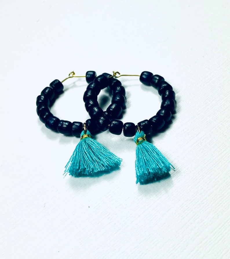 Teal and Black Boho Game Day Tassel Hoop Earrings - Etsy