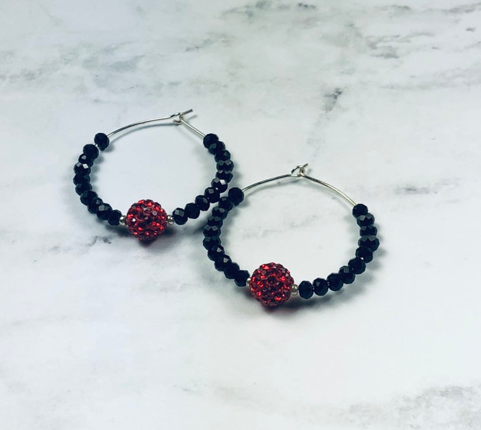 Red and Black Crystal Ball Hoop Earrings Etsy