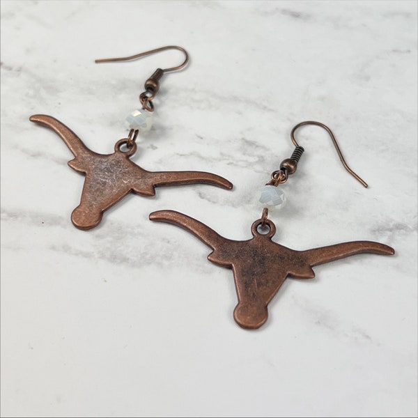 Antiqued Copper and White Longhorns Earrings