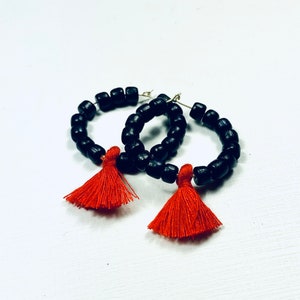 Red and Black Boho Game Day Tassel Hoop Earrings - Etsy