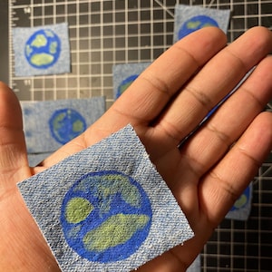 Upcycled Denim Earth Patch, Hand-Painted Wearable Art, Illustrative Sew-On Applique