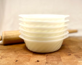 Vintage Fire King Ovenware White Milk Glass Swirl Bowl w/ Tab Handles small (Set of 6)