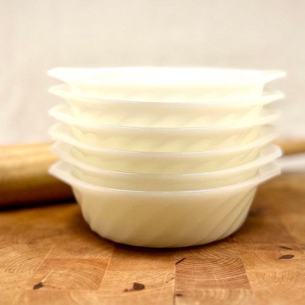 Vintage Fire King Ovenware White Milk Glass Swirl Bowl w/ Tab Handles small (Set of 6)