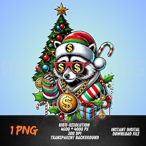 Christmas Gangsta Raccoon PNG | Santa Raccoon with Dollar Signs | Festive Hip-Hop Animal Clipart for Holiday Decor and Apparel