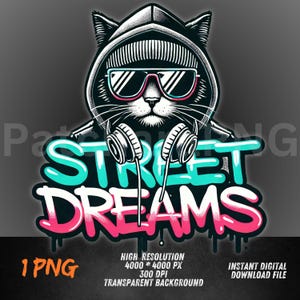 Gato de sueños callejeros PNG / Clipart de gato hip hop con auriculares / Diseño urbano estilo grafiti / Sublimación felina genial PNG