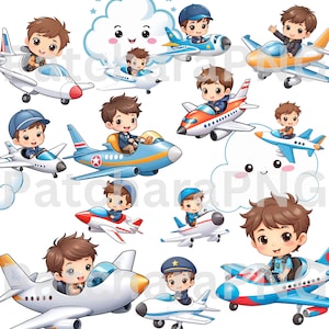 Clipart Aerei Piloti Trasporto Aereo Viaggio Aviatore Festa Pilota Ragazzo Disegni Fumetto Illustrazione Download Digitale