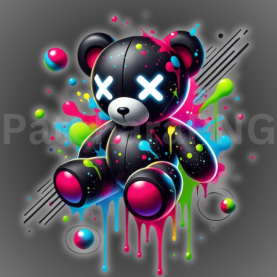 Neon Splatter Bear PNG | Colorful Teddy Clipart With X Eyes