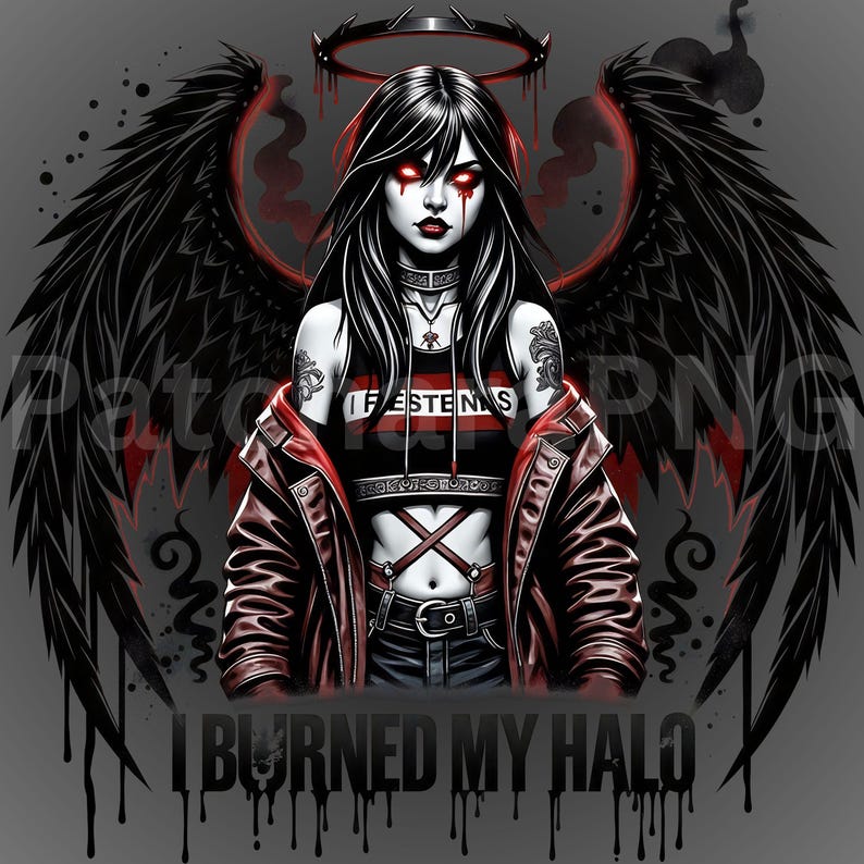 Pu&ograve; includere: Illustrazione digitale di una donna con ali nere, un'aureola e occhi rossi. Indossa un top corto nero e rosso con la scritta "IFESTENS" e una giacca rossa. La frase "I BURNED MY HALO" &egrave; in basso.