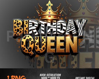 Birthday Queen PNG Gold Leopard Zebra | Sublimation Design for Shirt | Glam Birthday Girl Crown Clipart