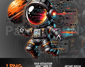 Astronaut Graffiti PNG – Neon Space Clipart for Sublimation, DTF Transfers, Streetwear T-Shirts & Digital