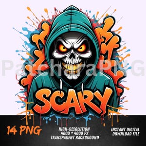 Scary Skull PNG | Graffiti Style Skeleton Clipart with Hoodie | Urban Street Skull Art | Halloween Sublimation PNG | Bold Cartoon Design