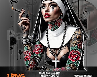 Tattooed Nun PNG Graffiti Style | Dark Gothic Art for Sublimation, DTF Shirt Prints & Edgy Streetwear Projects