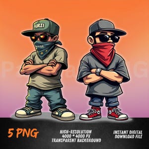Hip-Hop Duo PNG with Bandana Masks | Cool Streetwear Cartoon | DTF, Sublimation, Sticker Clipart