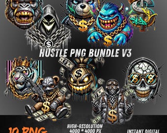 Hustle PNG Bundle V3 / 10 file di graffiti gangsta / Clipart hip hop DTF e sublimazione per merchandising streetwear