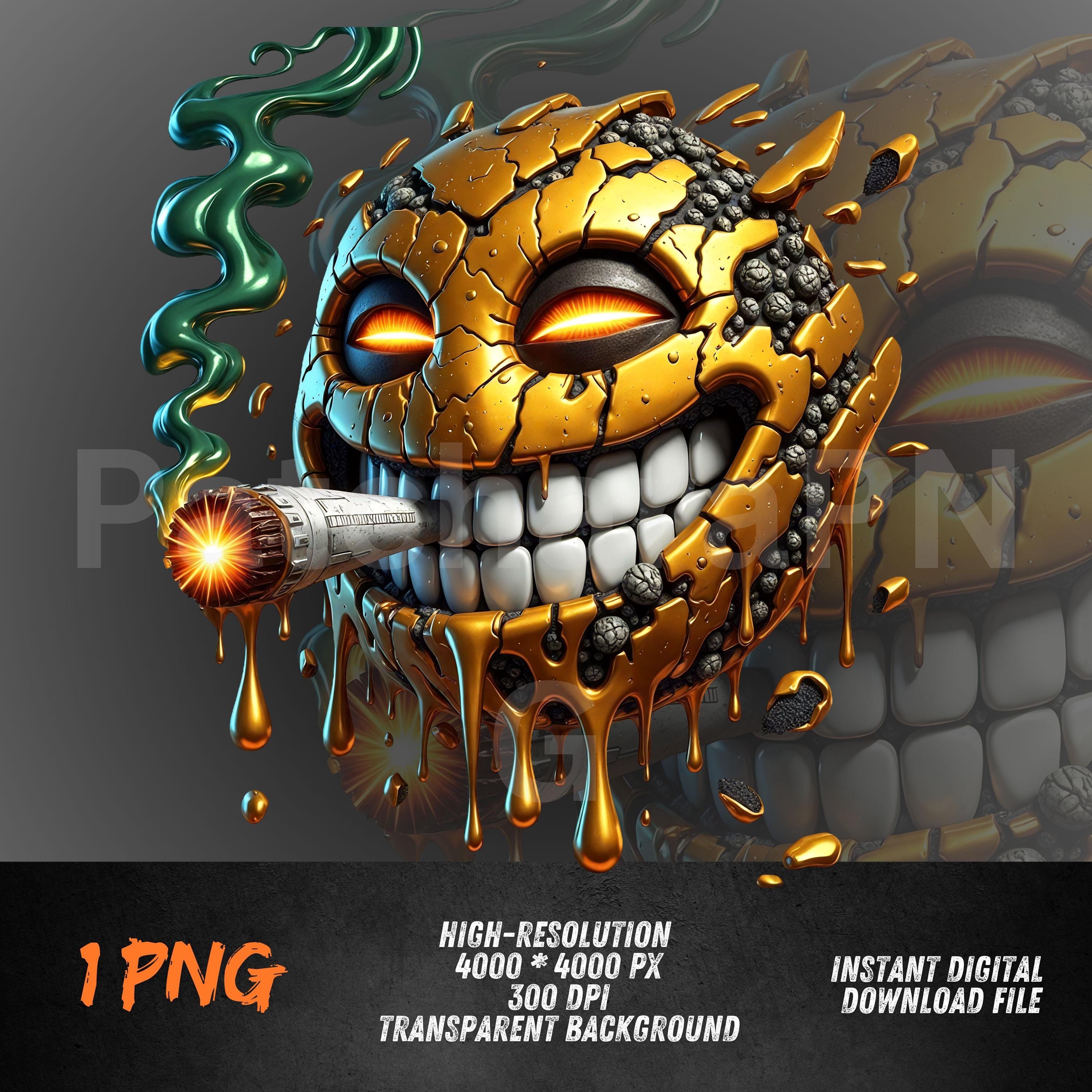 Golden Smiley Face PNG, Smoking Grunge Clipart for Streetwear DTF