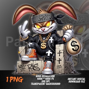 Gangsta Rabbit PNG | Hip Hop Graffiti Bunny Clipart with Money Bag & Gold Chain | Streetwear Sublimation Design for T-Shirts , Hoodies
