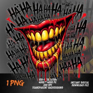 Creepy Smile Clipart - Tropfender Blutiger Mund PNG, Joker Lachen Graffiti Kunst, Horror Teeth Design, Urban Streetwear Druck, DTF-Datei