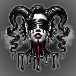 Pu&ograve; includere: Illustrazione in bianco e nero di una donna con una benda sugli occhi, capelli ricci scuri e corna. Liquido rosso gocciola dai suoi occhi e dal collo, con liquido nero che gocciola dal collo e dalle spalle. Il tema &egrave; gotico.