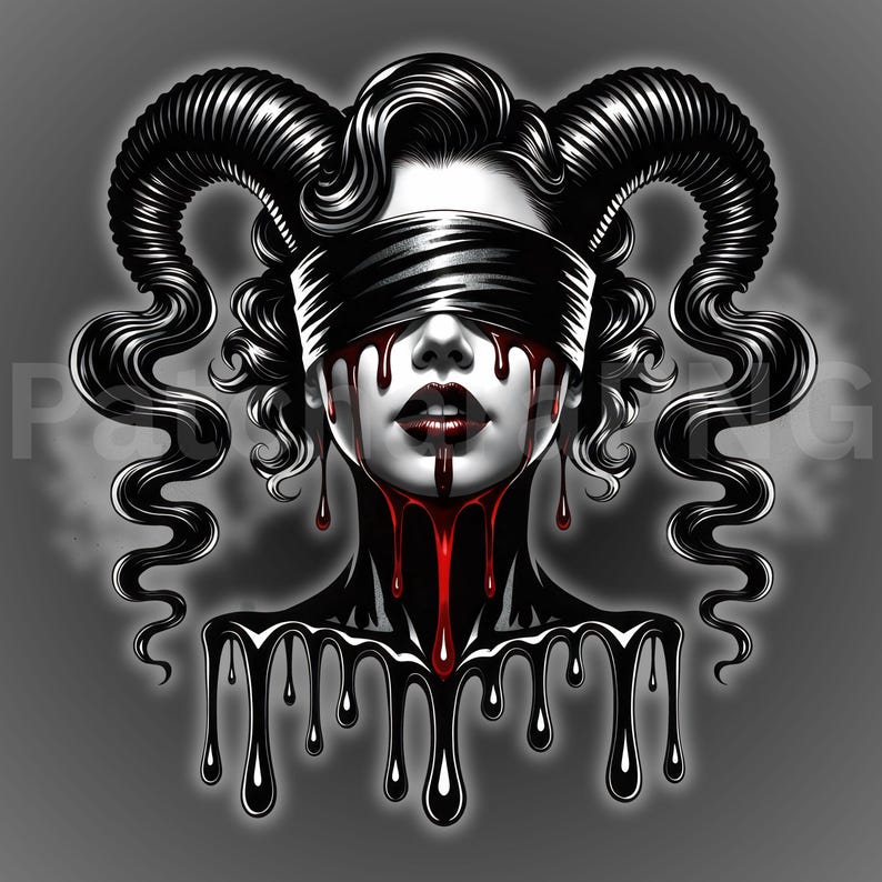 Pu&ograve; includere: Illustrazione in bianco e nero di una donna con una benda sugli occhi, capelli ricci scuri e corna. Liquido rosso gocciola dai suoi occhi e dal collo, con liquido nero che gocciola dal collo e dalle spalle. Il tema &egrave; gotico.