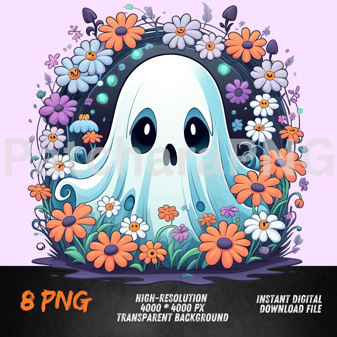 Pastel Spooky Ghost With Flowers Cute Halloween Digital Art Kawaii ...